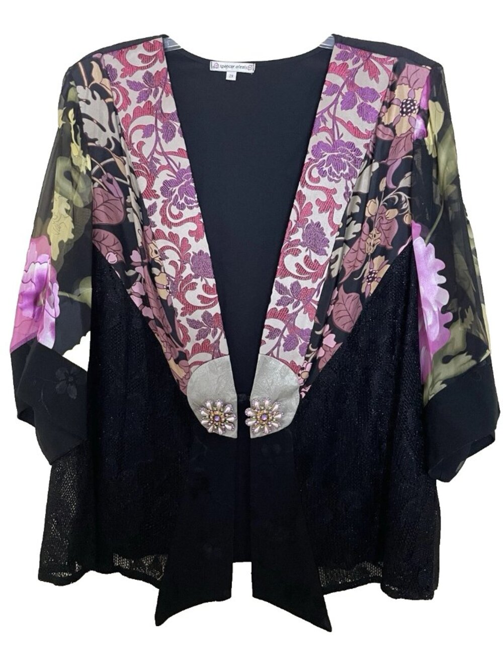 Spencer Alexis Asian Kimono Jacket 2X Art to Wear Patchwork Floral Lace Silk